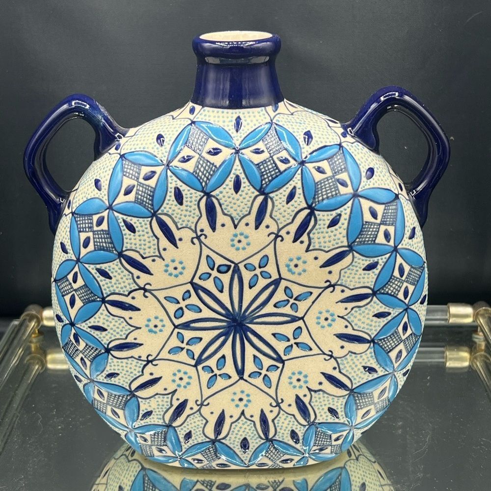VTG Javier Servin signed Blue Majolica Floral Ceramic Flask